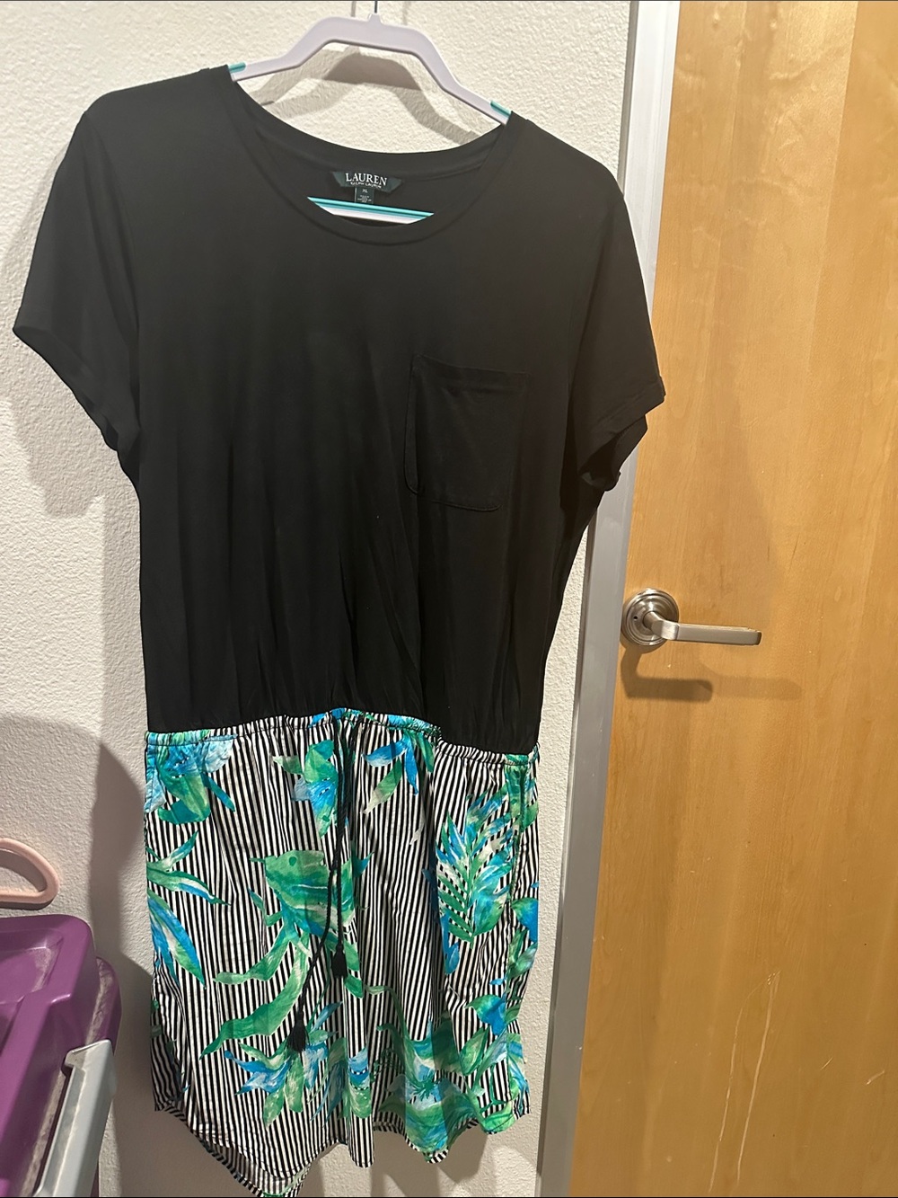 Lauren Ralph Lauren Black Top with Blue-Green Floral Stripe Skirt Midi Dress